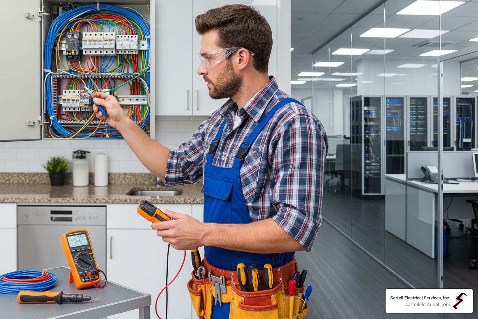 Electrician in blue overalls using a multimeter on electrical panel with colorful wiring, showcasing commercial and residential electrical expertise.