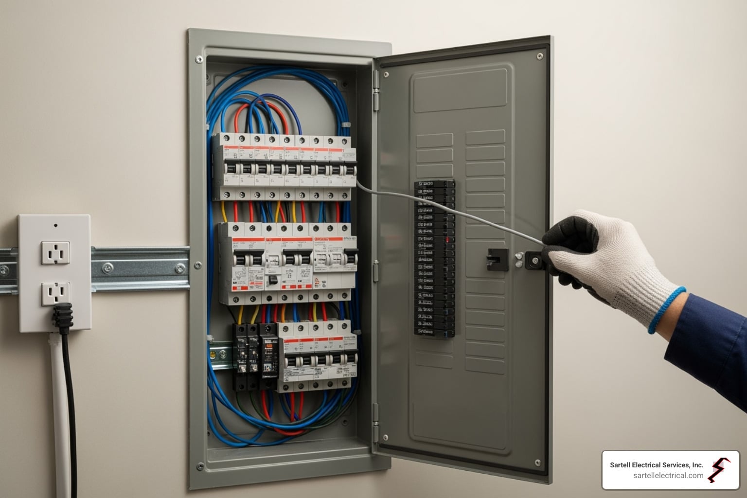 Main electrical panel upgrade with circuit breakers and colorful wiring, technician in glove using tool to inspect panel, showcasing modern electrical system for safety and efficiency.