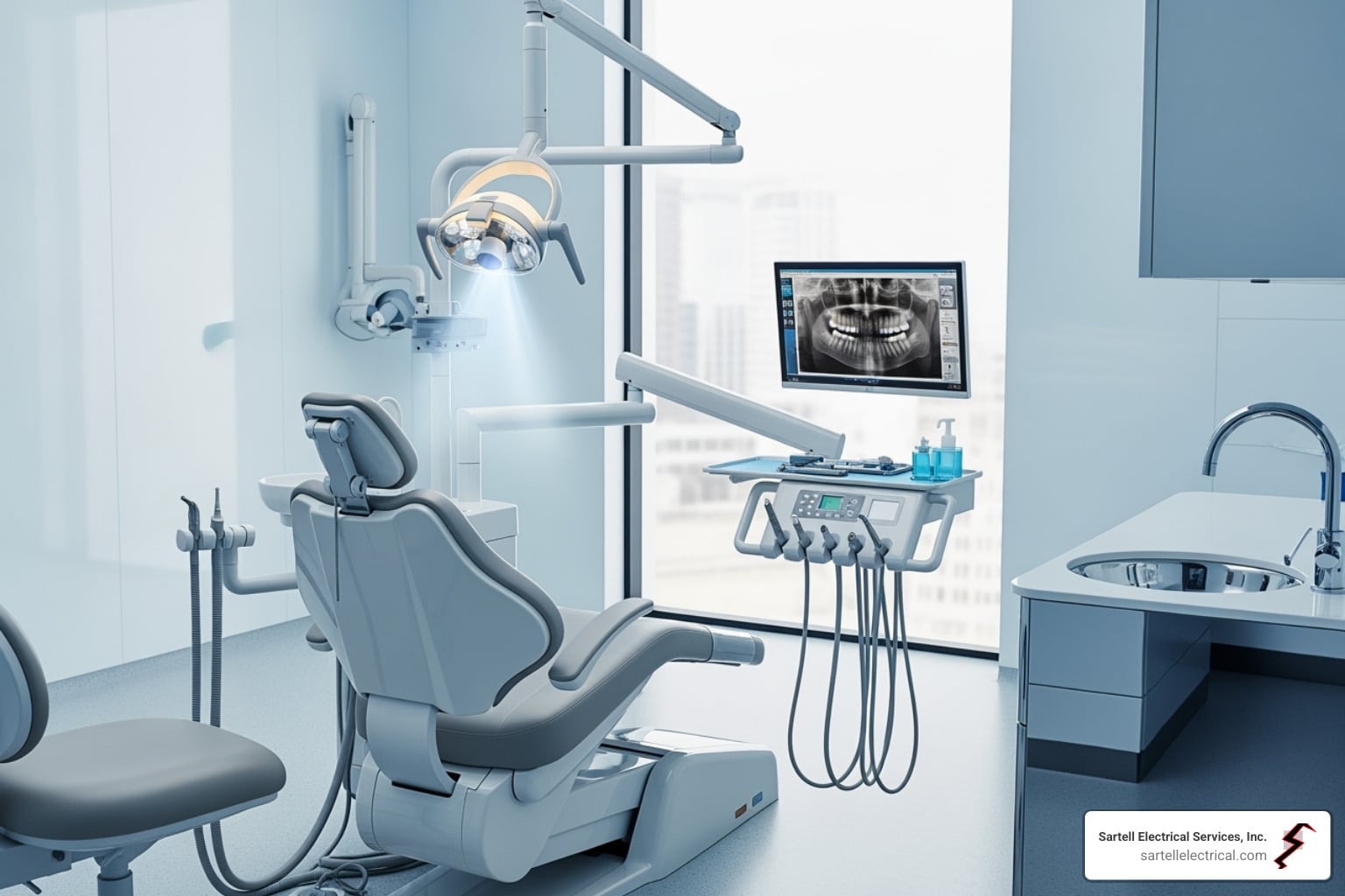 Dental office interior featuring advanced lighting and equipment, including a dental chair, overhead light, and monitor displaying dental x-rays, emphasizing optimal lighting design for patient comfort and clinical precision.