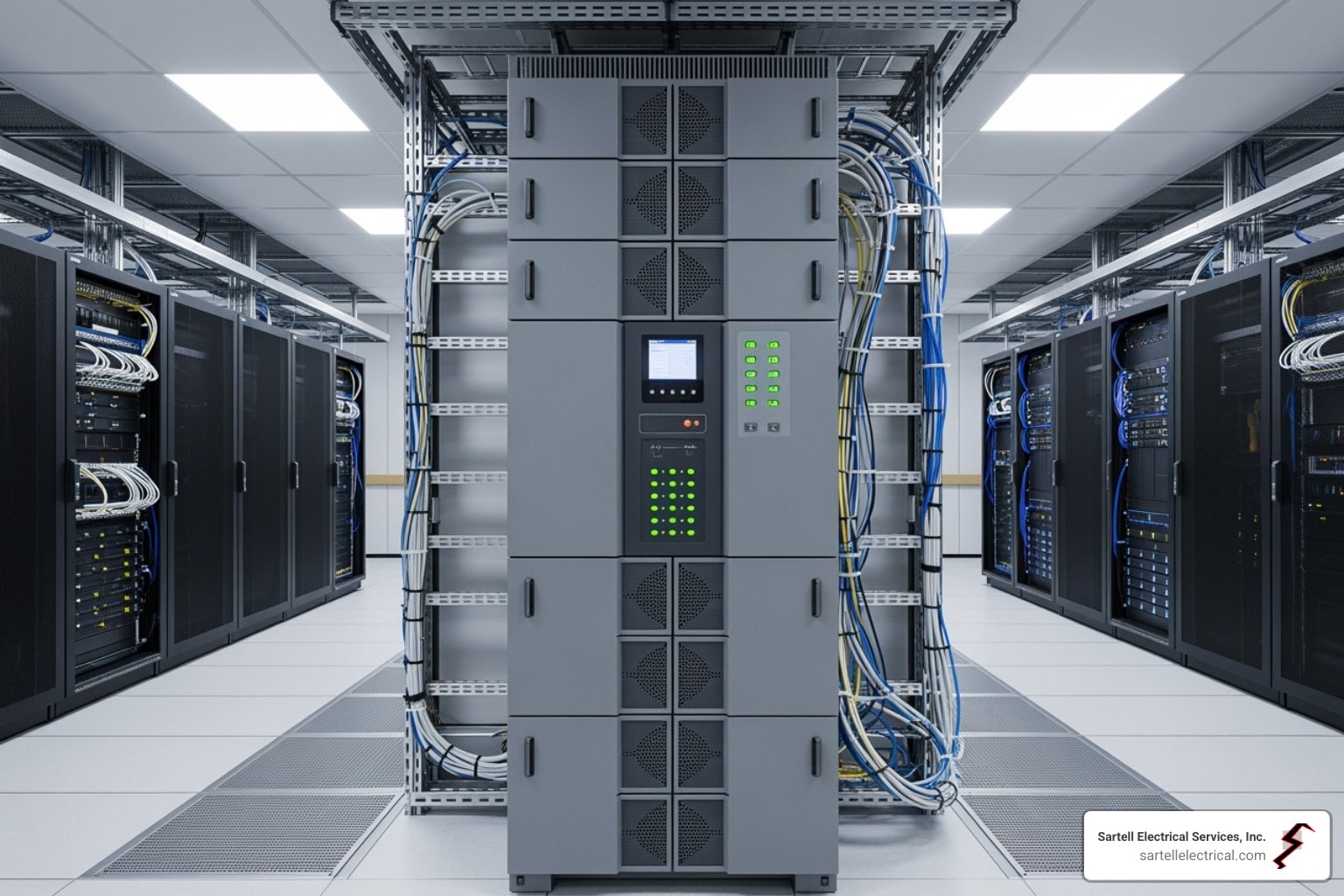 Hospital UPS system in a server room, featuring a central power unit with illuminated control panel and surrounding data cabinets, emphasizing critical backup power for medical equipment.