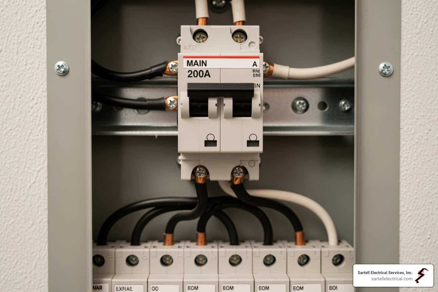 200 amp main circuit breaker panel with electrical wiring, highlighting the importance of professional installation for safety and compliance in electrical systems.