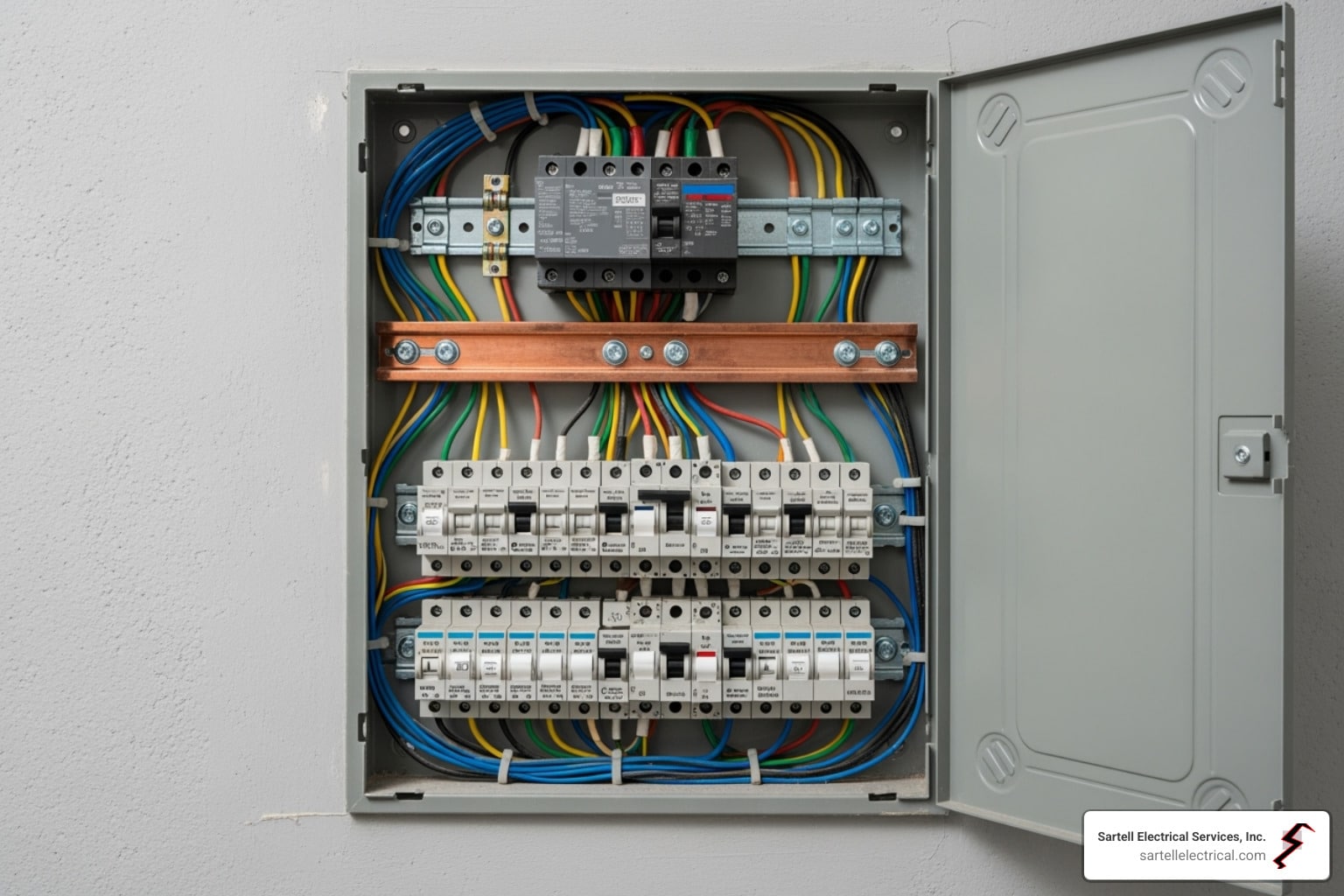 Breaker panel upgrade with circuit breakers and colorful wiring, showcasing electrical connections and safety features, relevant to electrical system improvements for homes.