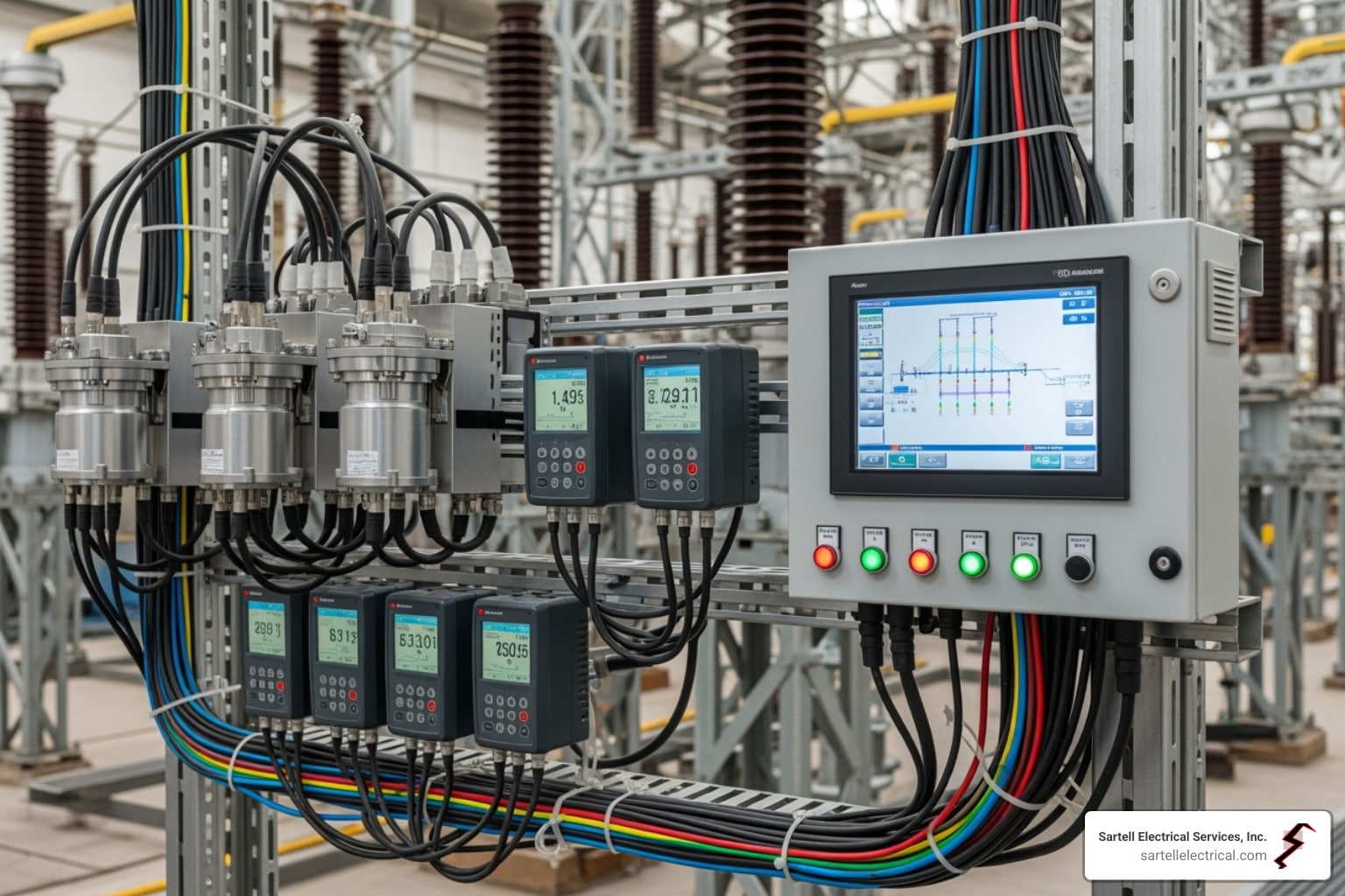 Condition-based asset monitoring system for electrical infrastructure, featuring sensors and a control panel displaying real-time data and analytics for equipment health.