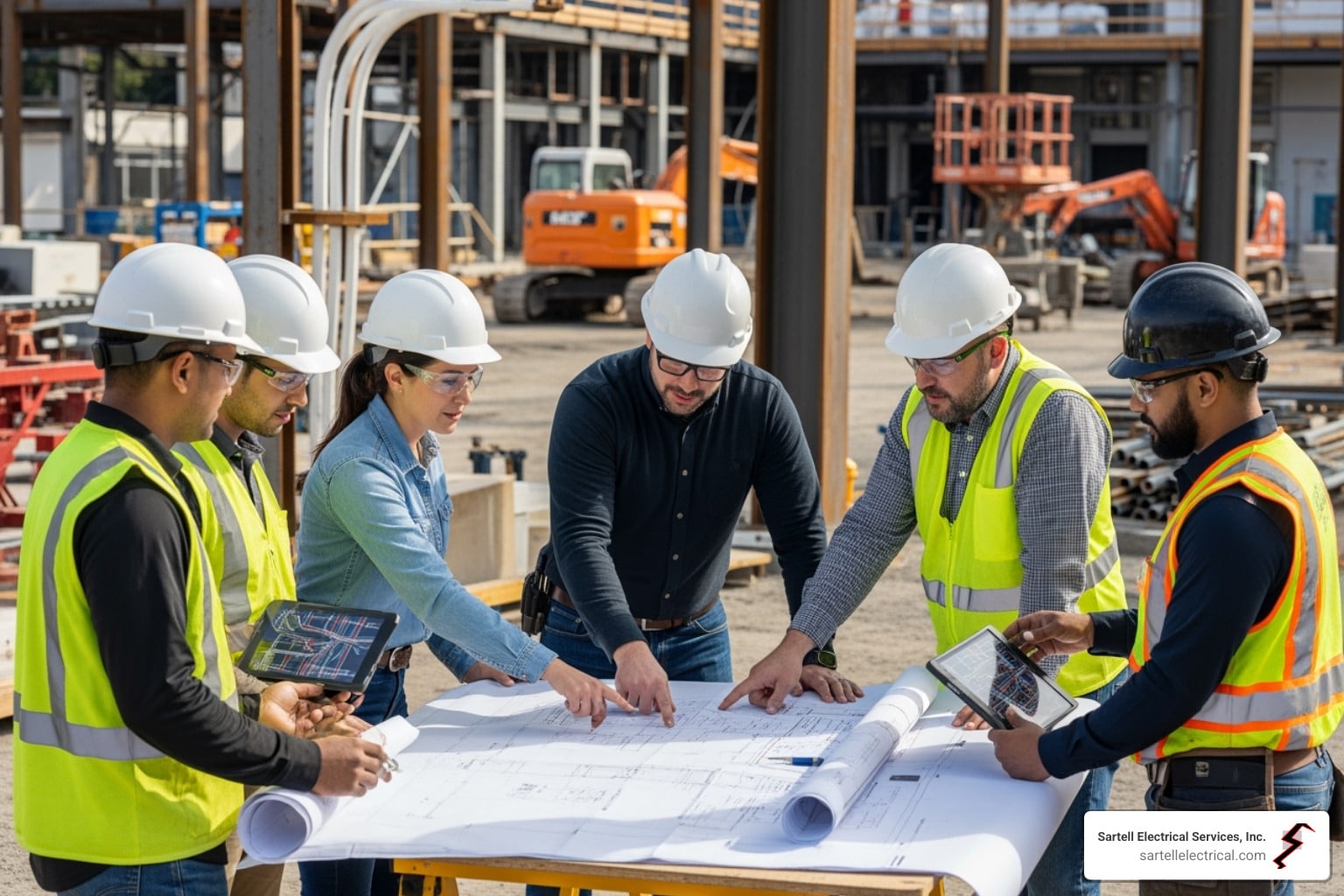 Group of commercial electricians reviewing design plans and collaborating on a construction site, emphasizing teamwork in design-build electrical services.