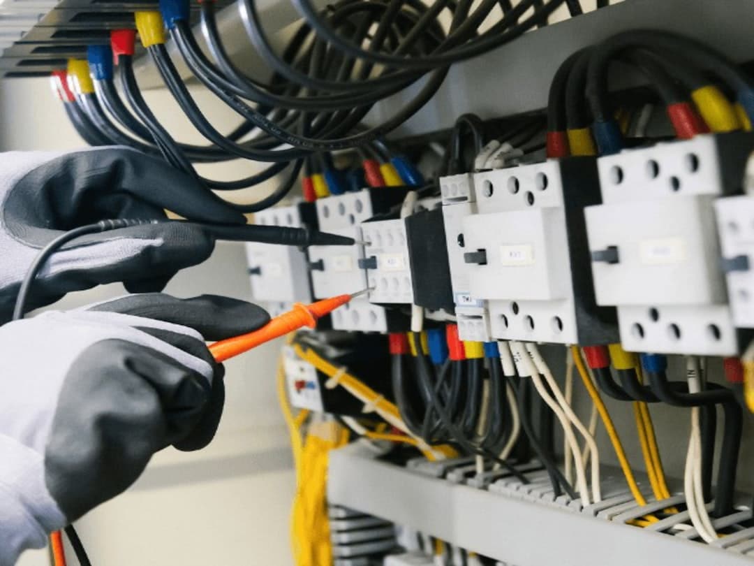 Electrician using multimeter on electrical panel with wires and circuit breakers, illustrating professional electrical contractor services for safety and compliance.