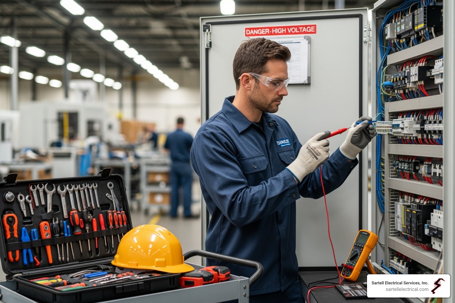 Technician performing industrial electrical equipment repair, using diagnostic tools on high-voltage control panel, with toolbox and safety helmet in foreground, in a commercial electrical service setting.