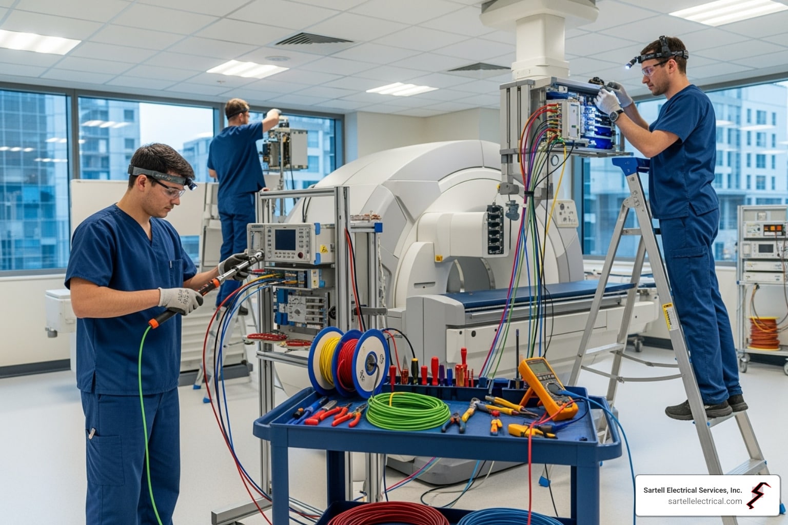 Two technicians in blue scrubs installing medical equipment in a healthcare facility, with tools and colorful cables on a cart, emphasizing specialized expertise in medical electrical services.