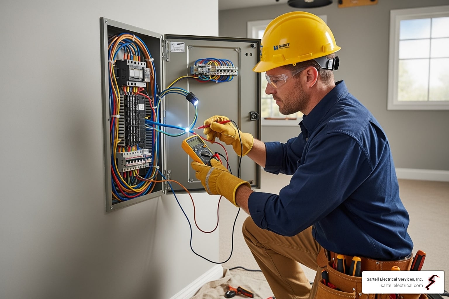 Electrician in safety gear using a multimeter on a circuit breaker panel, showcasing professional electrical work and safety compliance.
