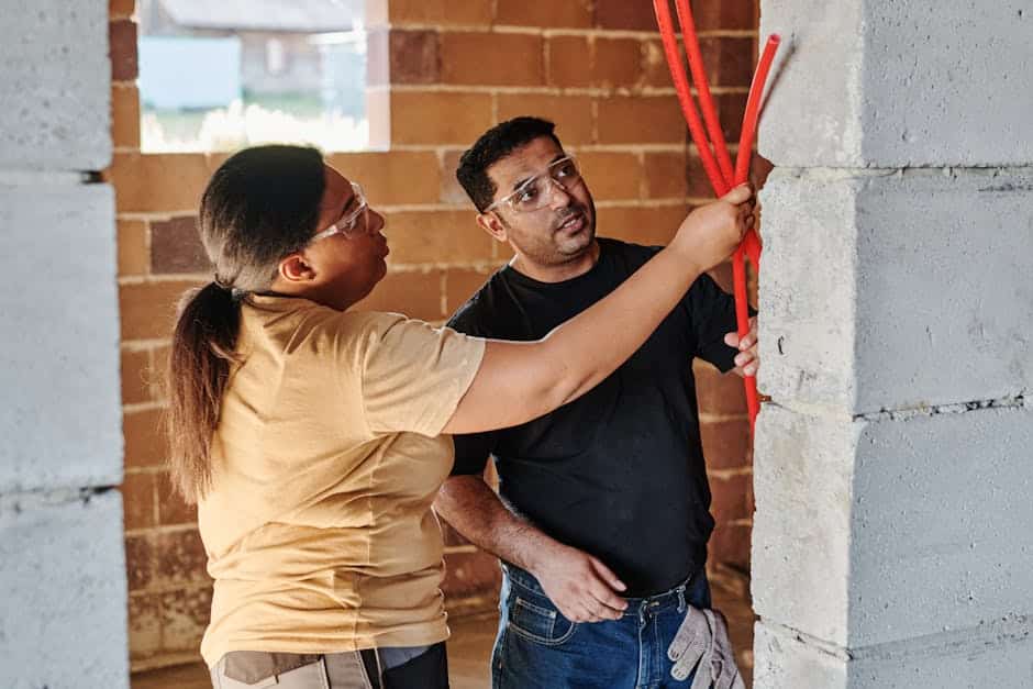 Two electricians discussing electrical wiring installation, handling red cables in a construction setting, emphasizing teamwork and project management in electrical work.