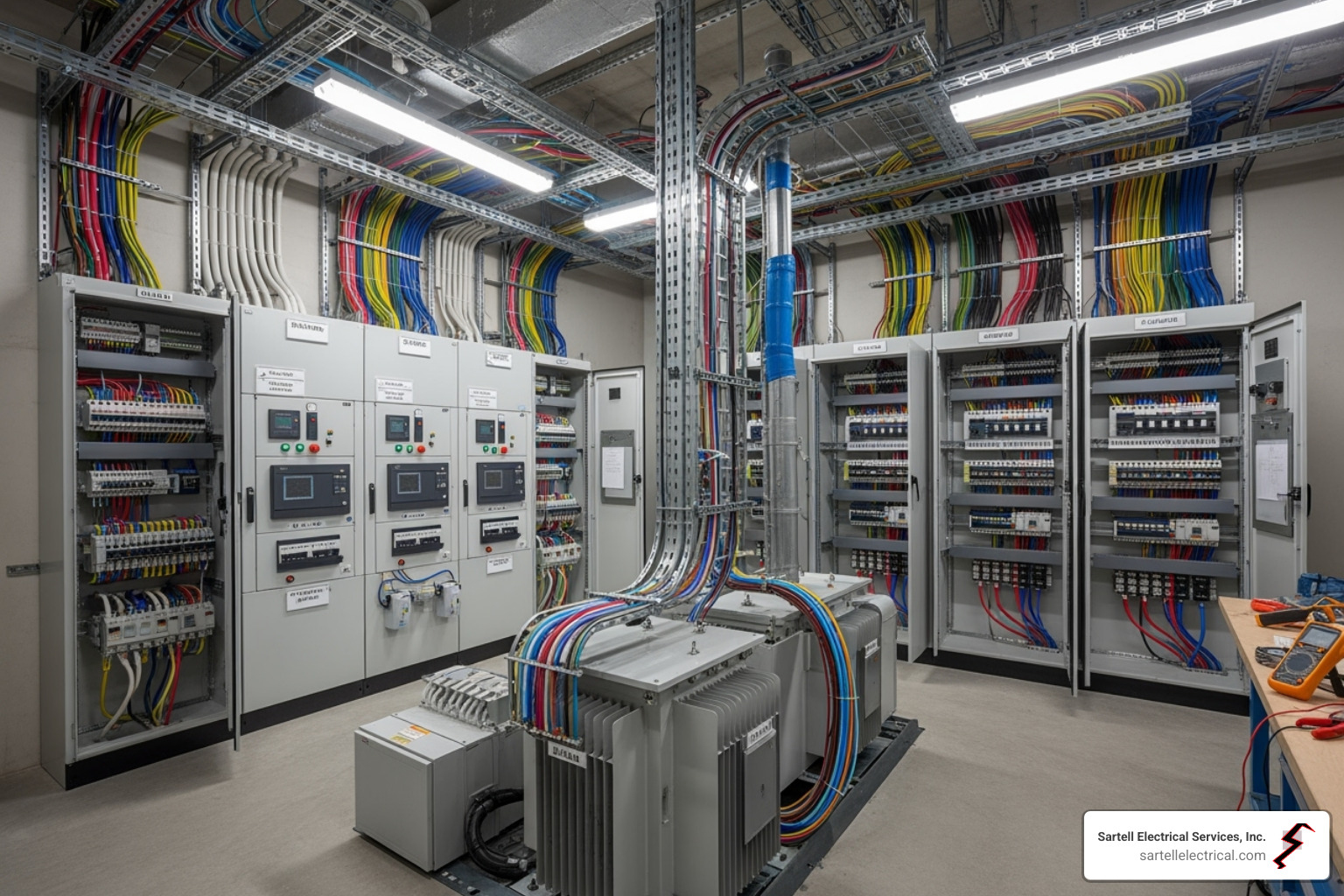 Electrical system design room featuring organized panels, colorful wiring, and advanced control systems, illustrating modern electrical infrastructure for safety and efficiency.
