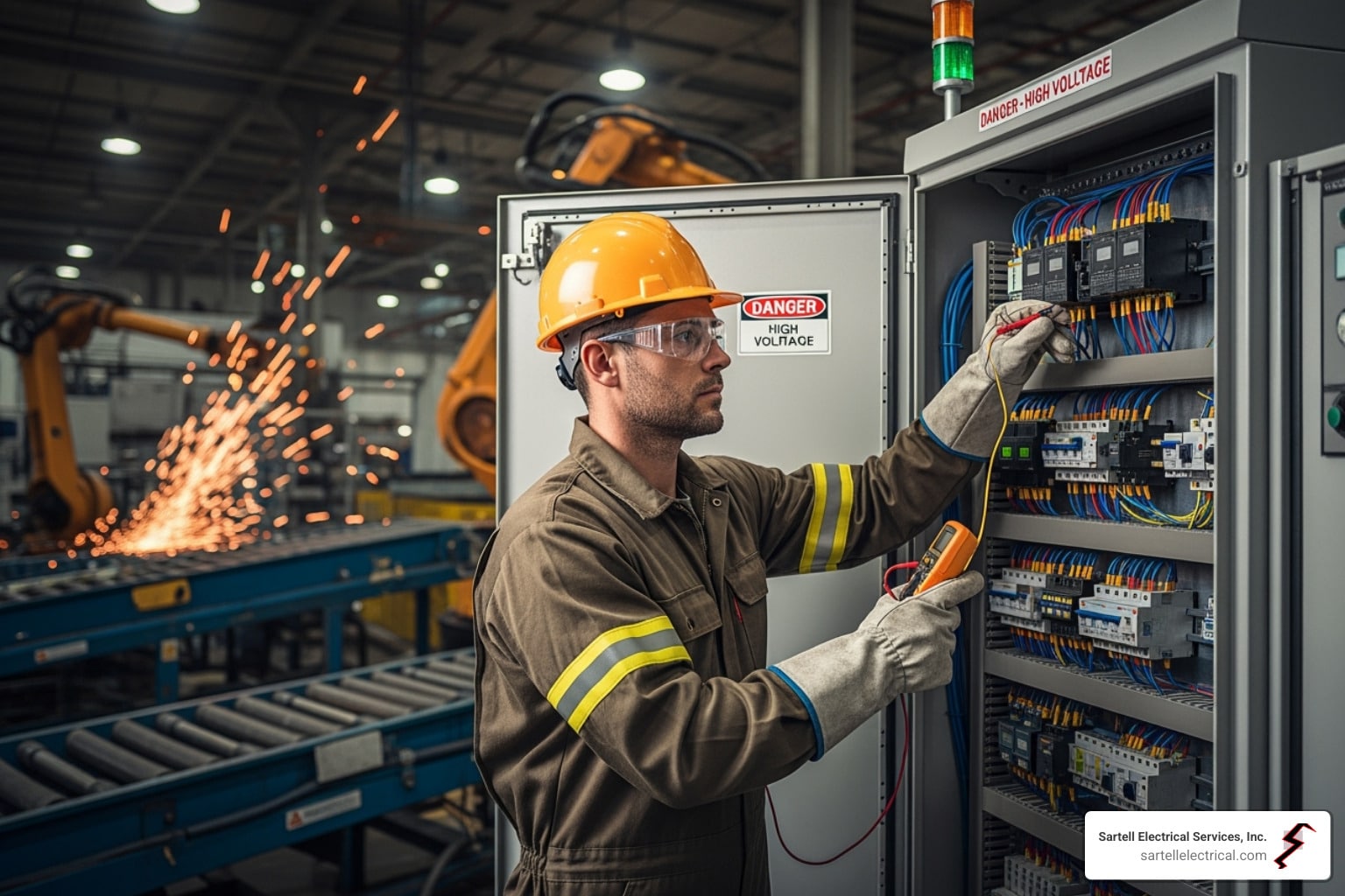 Industrial electrician performing electrical maintenance on high voltage equipment in a factory setting, with safety gear and tools, surrounded by automated machinery and sparks.