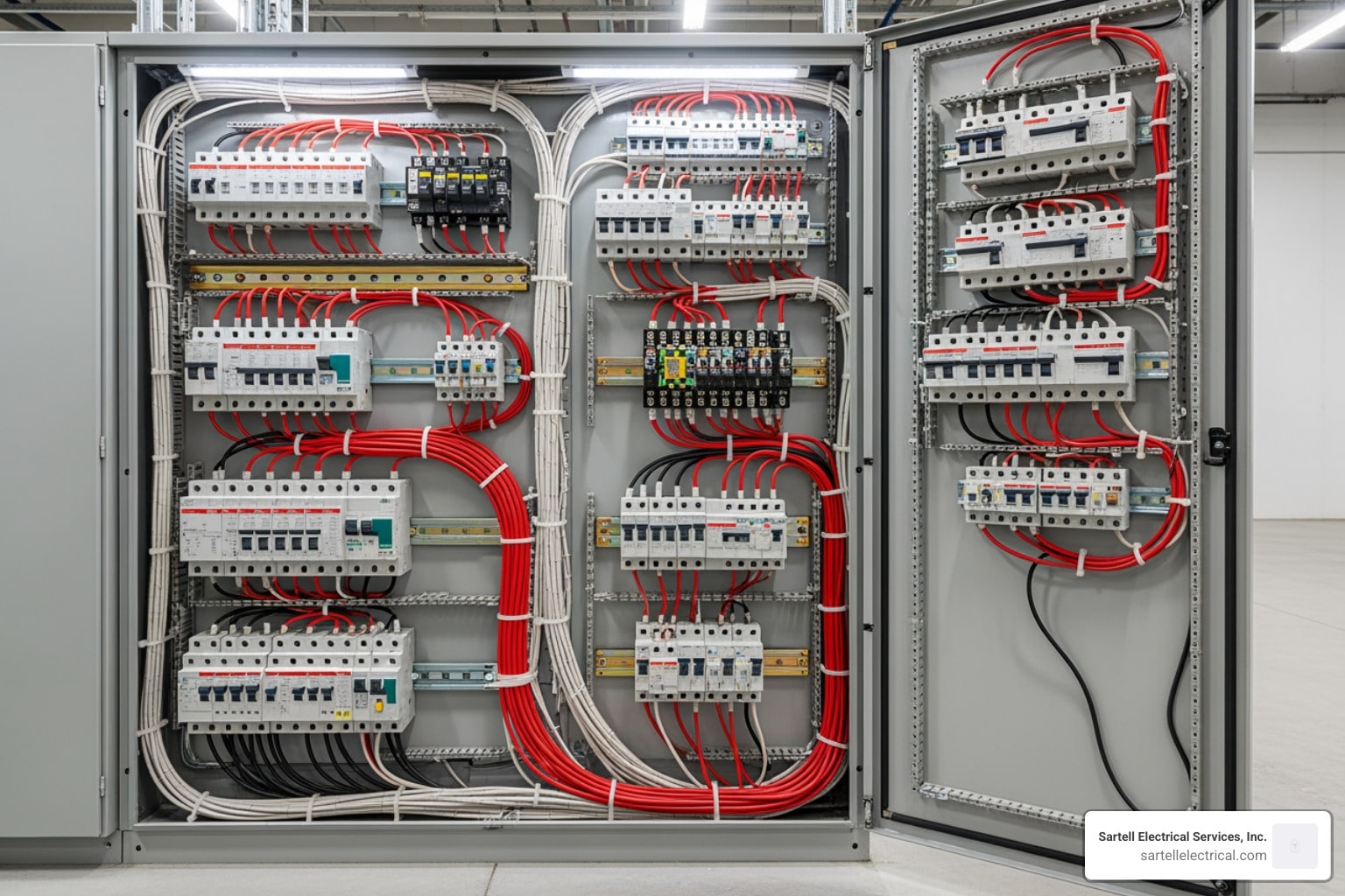 Electrical panel with organized circuit breakers and wiring, showcasing commercial electrical systems for inspections and safety compliance in Massachusetts.