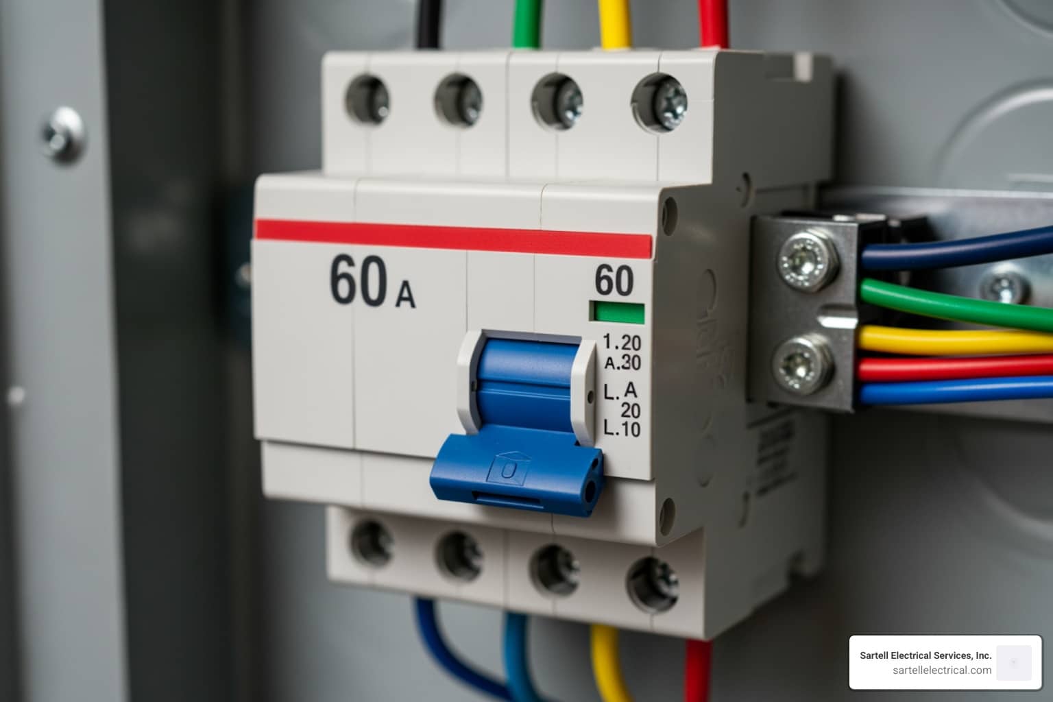 60 Amp circuit breaker with colored wires, illustrating electrical safety and compliance for subpanel connections, associated with Sartell Electrical Services.