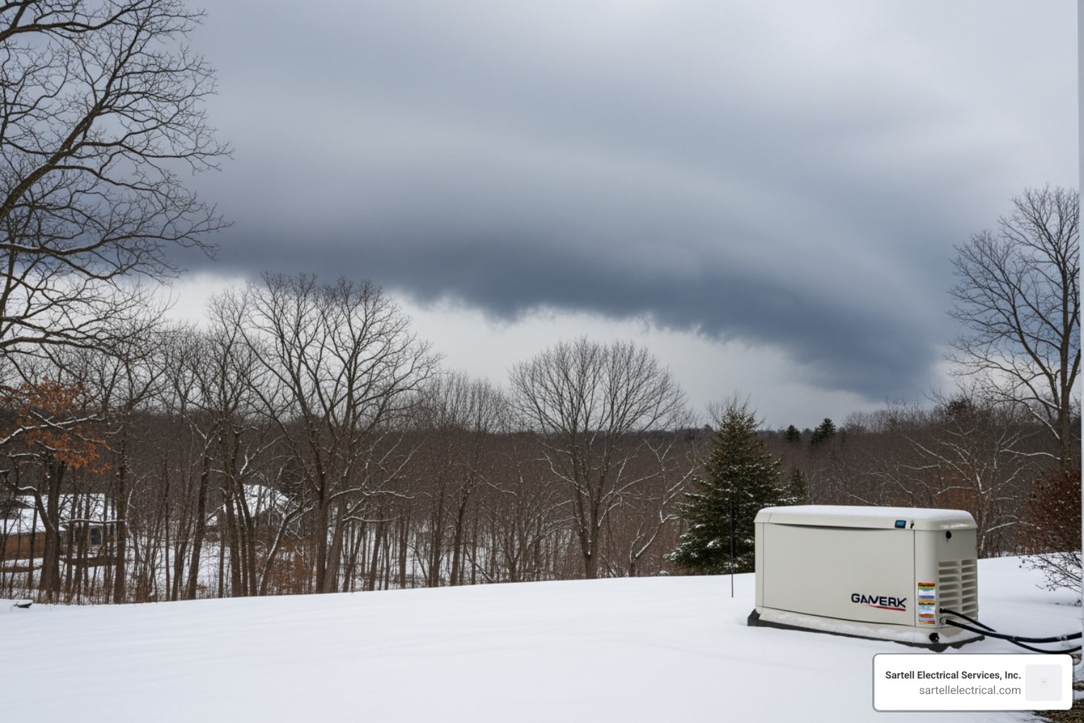 Generator in snowy landscape under dark storm clouds, emphasizing the need for generator repair services in Boston before severe weather events.